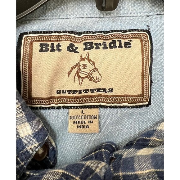 Bit & Bridle Mens Blue Plaid Button Up Shirt ~ Long Sleeve ~ Size Large - Picture 5 of 5